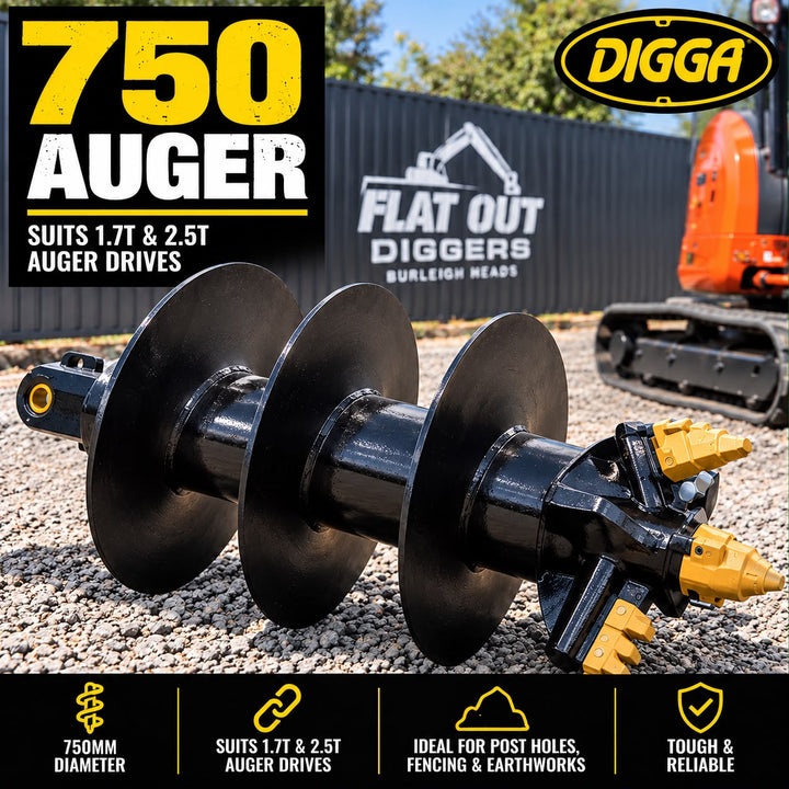 750mm DIGGA auger with rock teeth, suits 1.7T and 2.5T auger drives, at Flat Out Diggers Burleigh Heads